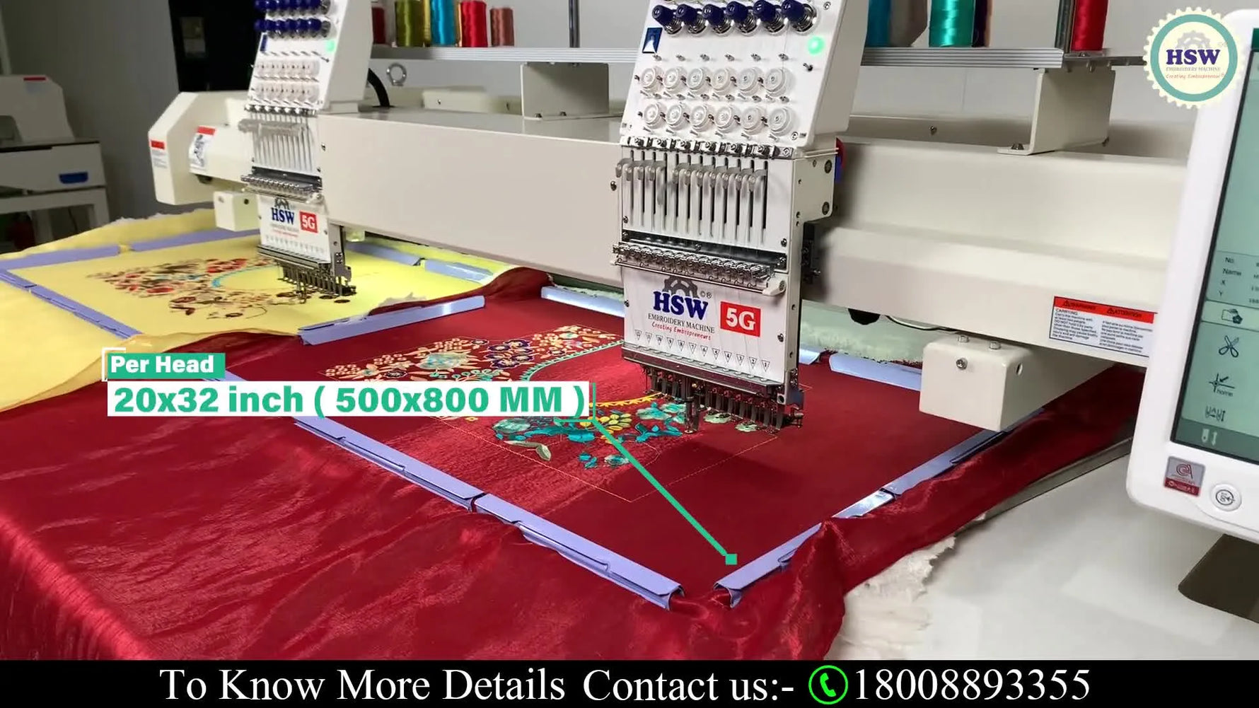 A spec overlay shows the HSW 5G working area as 20×32 inches (500×800mm), highlighting the usable frame limits.