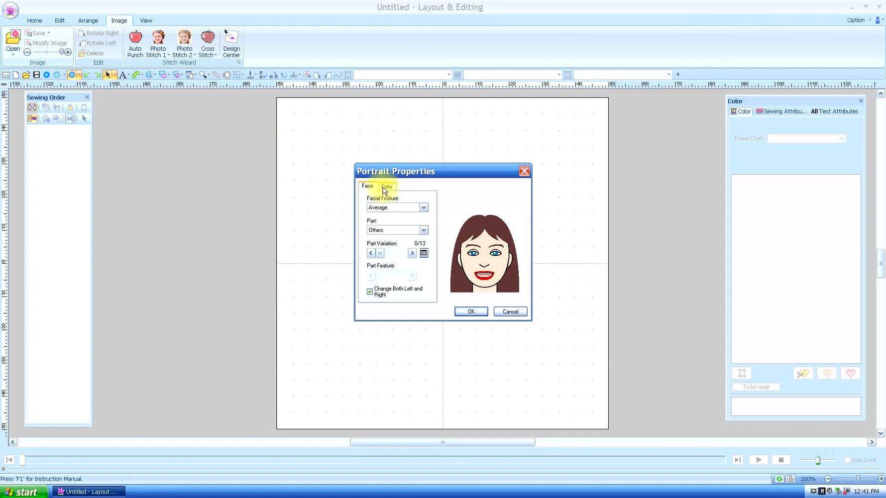 A finished portrait-style avatar sits on the PE-Design Layout & Editing grid, ready to be converted into stitches and color-edited.