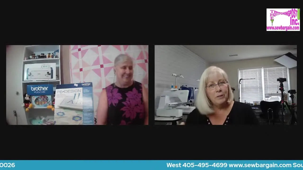 Robin holds up the retail box for Brother PE-DESIGN 11, highlighting the software focus of the upcoming workshops.