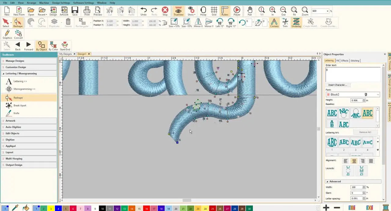 A close-up of the customized letter “G” in Hatch with a long curved tail, ready for final sequencing and stitch simulation.