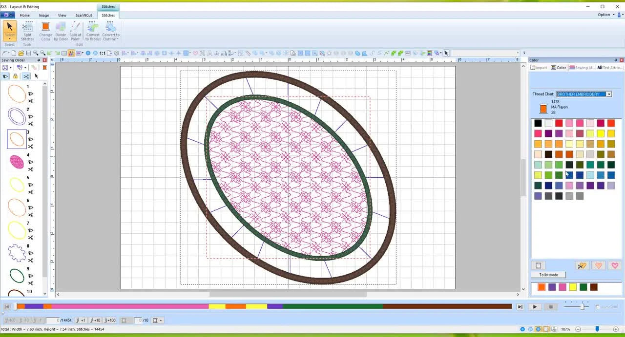 Close-up of PE Design 10 showing the “Appliqué Material” thread color (scissors icon) being selected to define a true cut line.