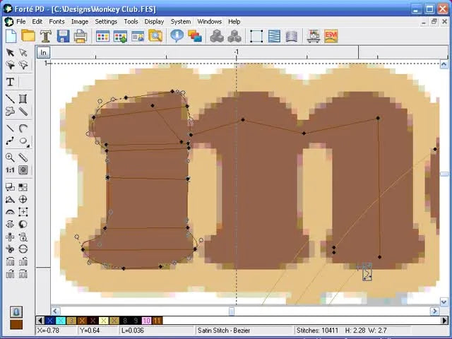 A screen capture of Forte PD showing the letter “m” being digitized with nodes and a backward pathing strategy to reduce trims.