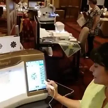The Baby Lock Destiny II IQ Designer screen shows the “Stamp fills and shape” option ready to build a quilted fill around an embroidery outline.