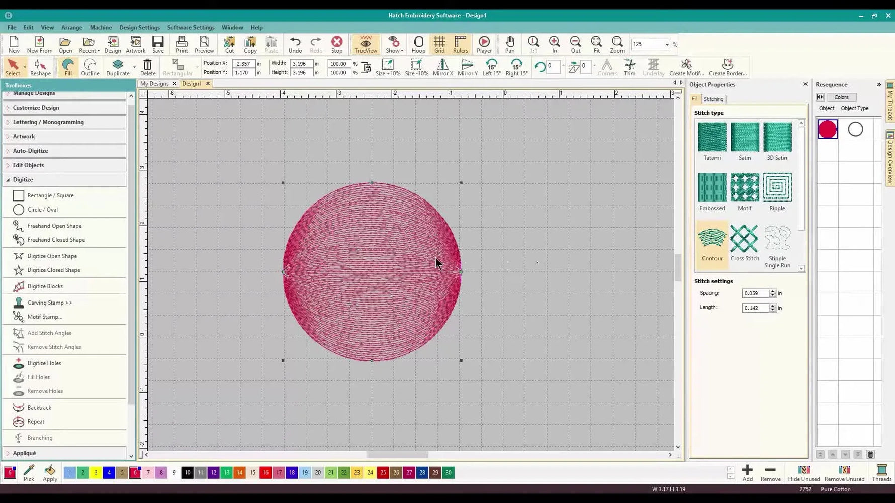 A digitized circle in Wilcom Hatch transformed into a 3D-looking sphere using the Contour Stitch effect.