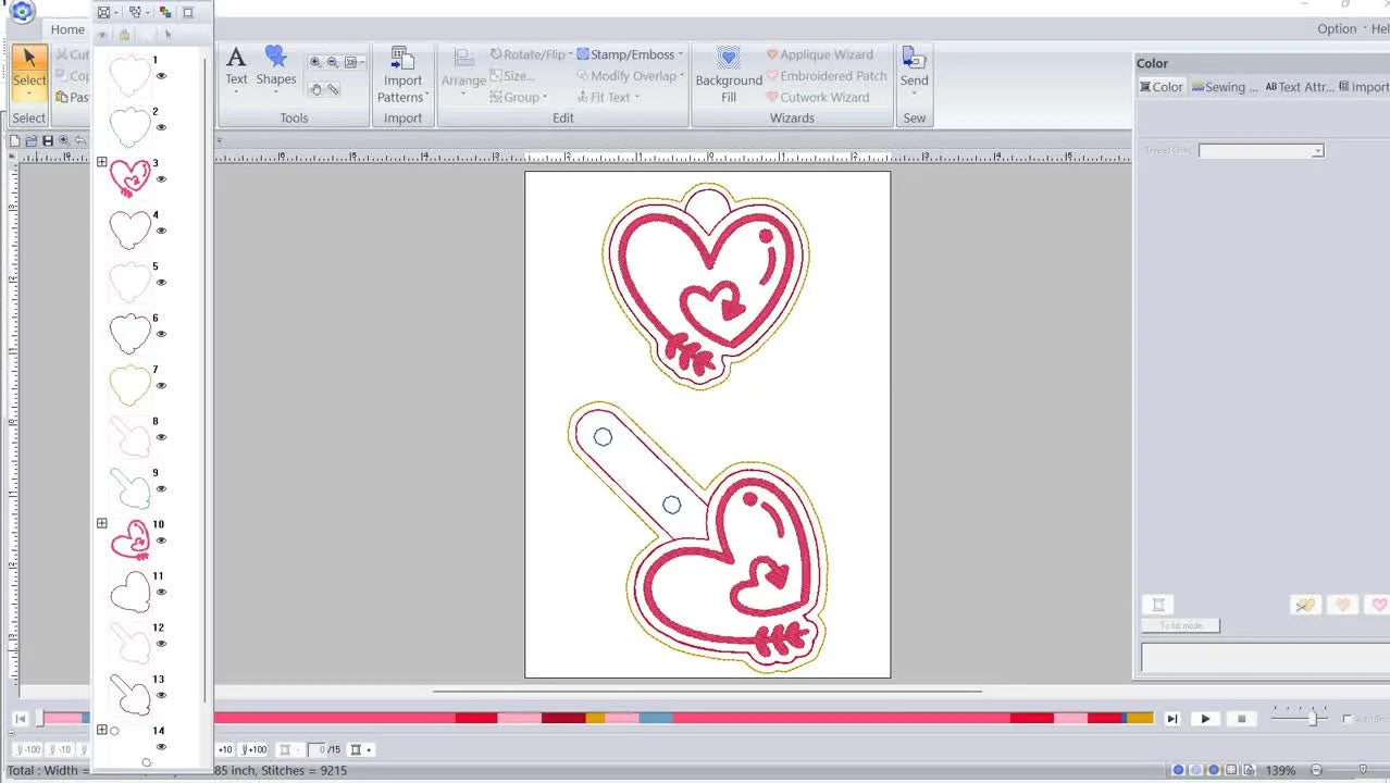 A screen-capture view shows heart-shaped ITH designs alongside a written color-stop instruction sheet.