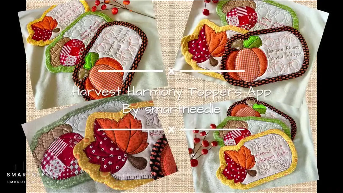Collage of four finished Harvest Harmony Toppers, each featuring autumn designs.