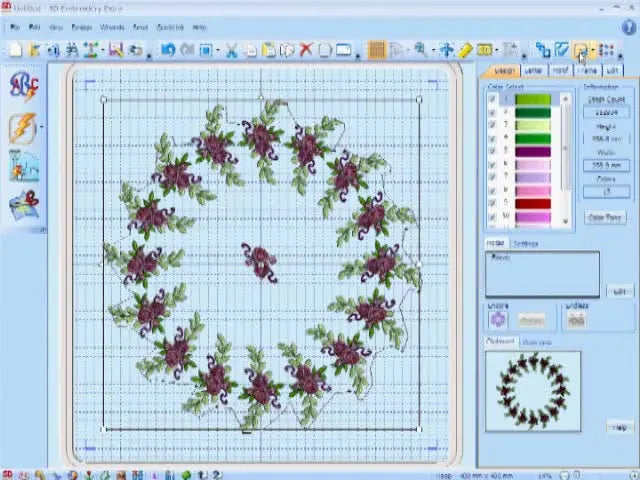 A screen capture of the completed wreath layout with a resized center flower placed perfectly in the middle of a large workspace grid.