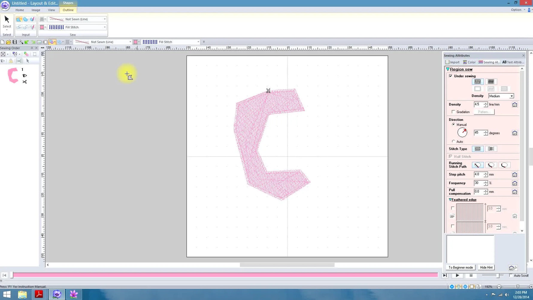 A PE-Design 10 screen showing a filled shape controlled by multiple red direction arrows to curve stitch flow.