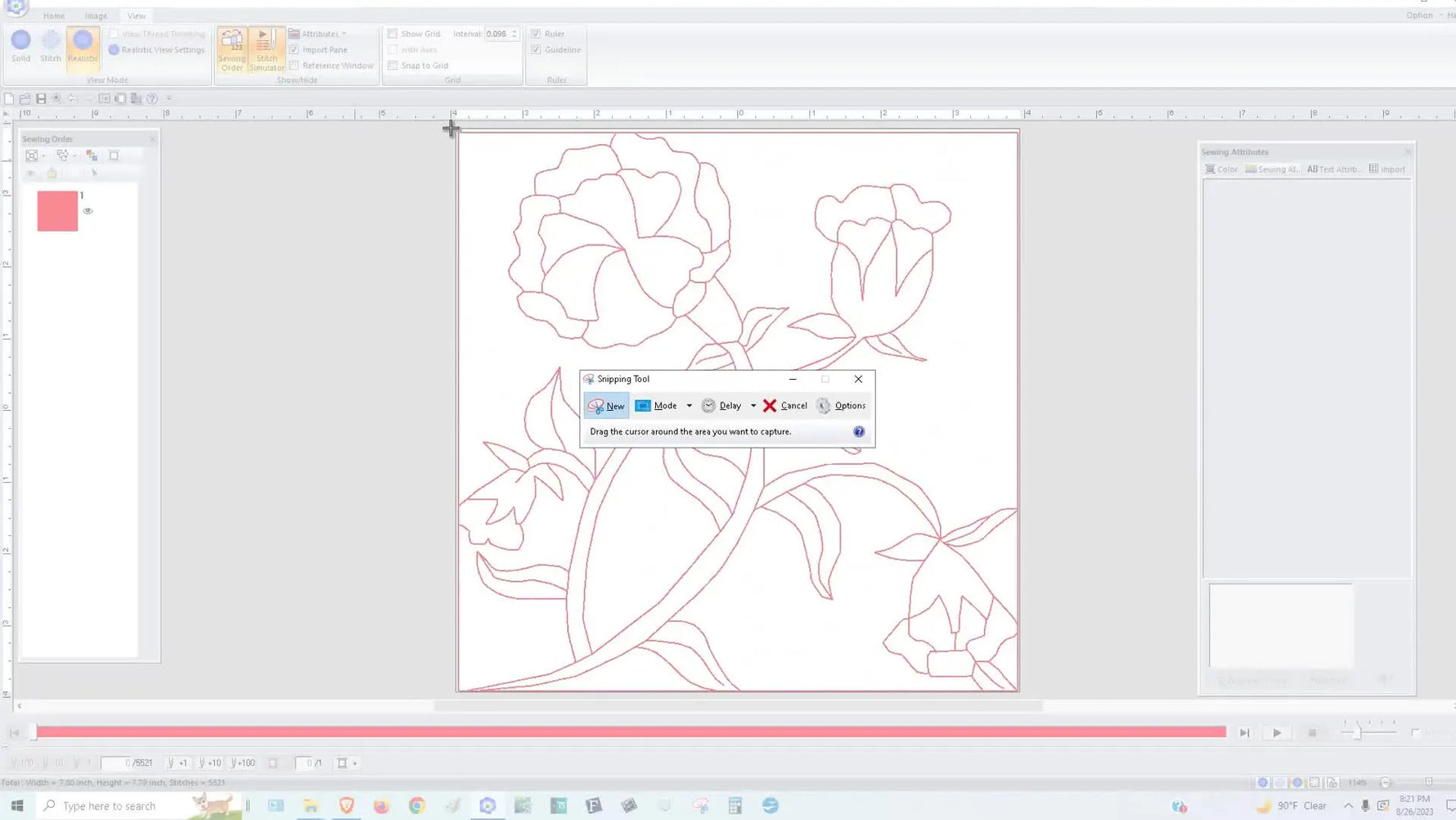 A screen capture shows the Windows Snipping Tool crosshair drawing a tight selection around a decorative fill quilt block for a clean, UI-free preview image.