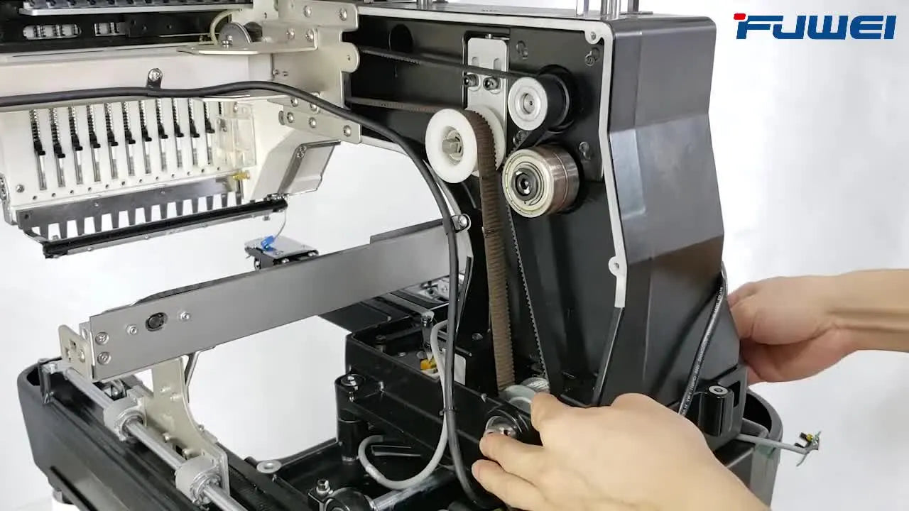 A close-up shows a technician using a screwdriver as a lever to tension the FUWEI BF-1500 timing belt while tightening the idler pulley lock bolt.