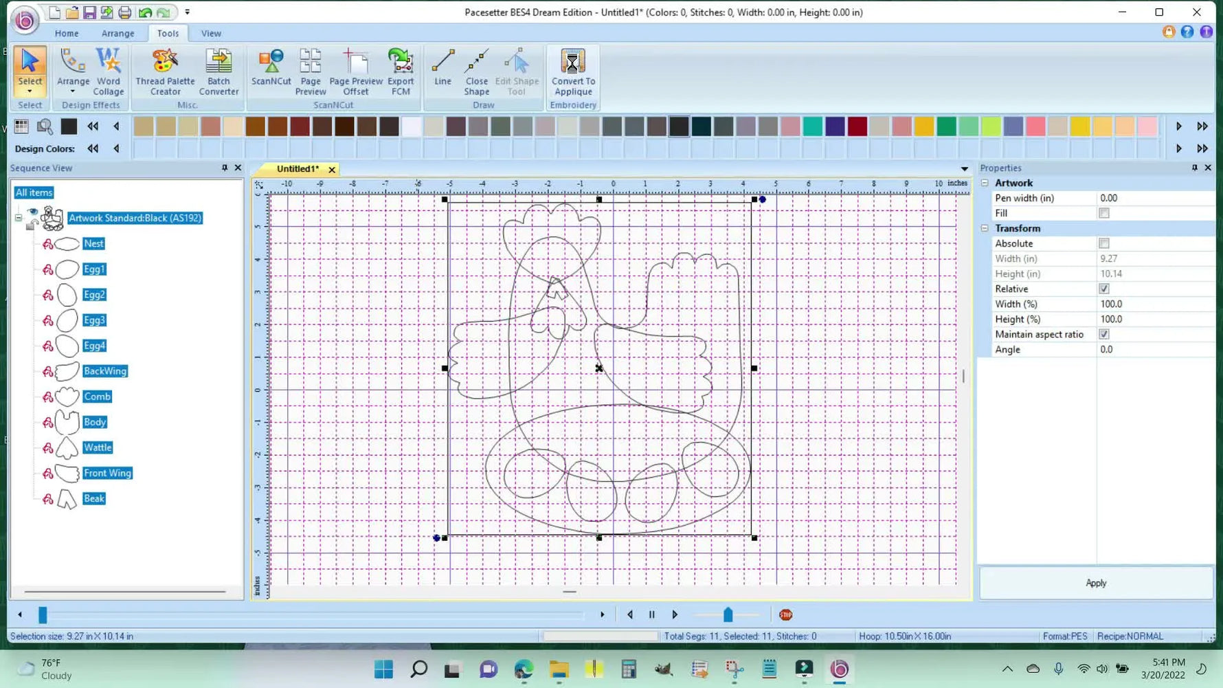 A software screen capture showing a line drawing converted into appliqué stitch outlines after clicking “Convert to Appliqué.”