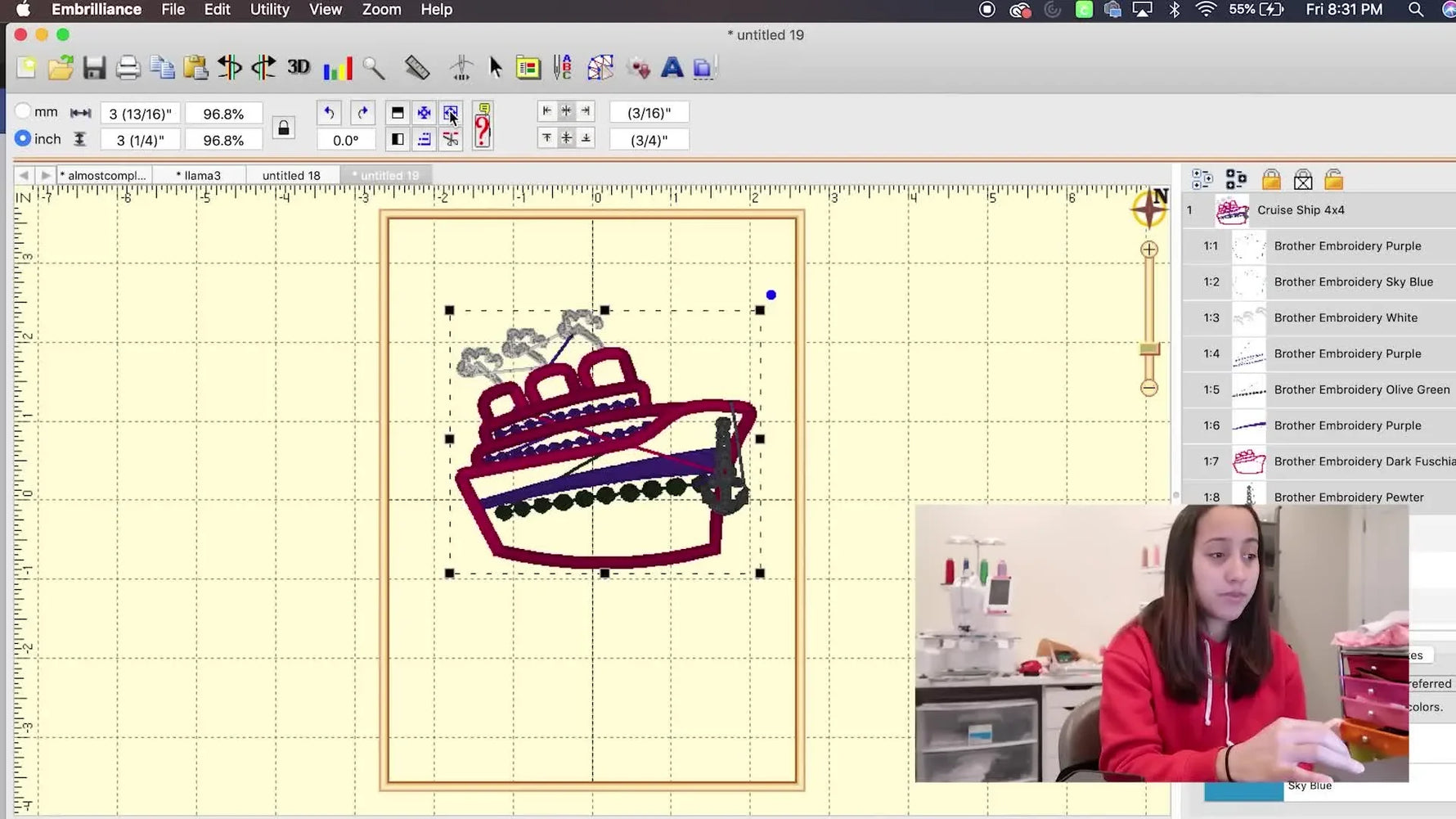 A screen capture shows a layered applique number with a butterfly centered inside a 5x7 hoop boundary in Embrilliance Essentials.