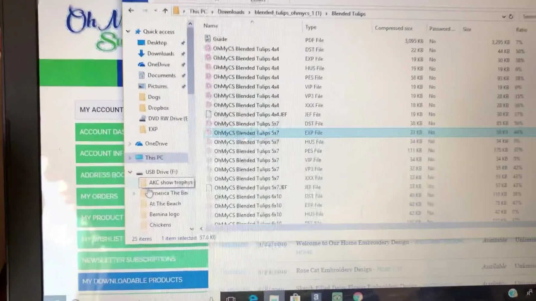 A screen capture shows an embroidery design file being dragged into a labeled USB folder for clean, reliable transfer to a Bernina machine.