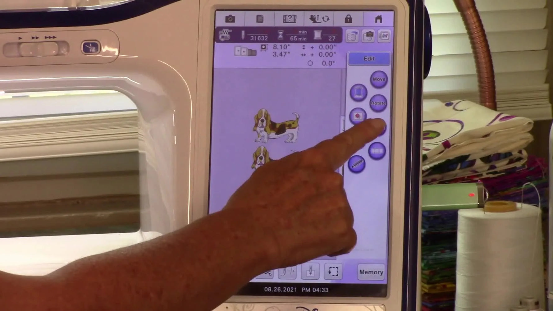 A close-up of a Brother-style touchscreen as the operator presses the Color Sort spool icon to consolidate repeated color stops.
