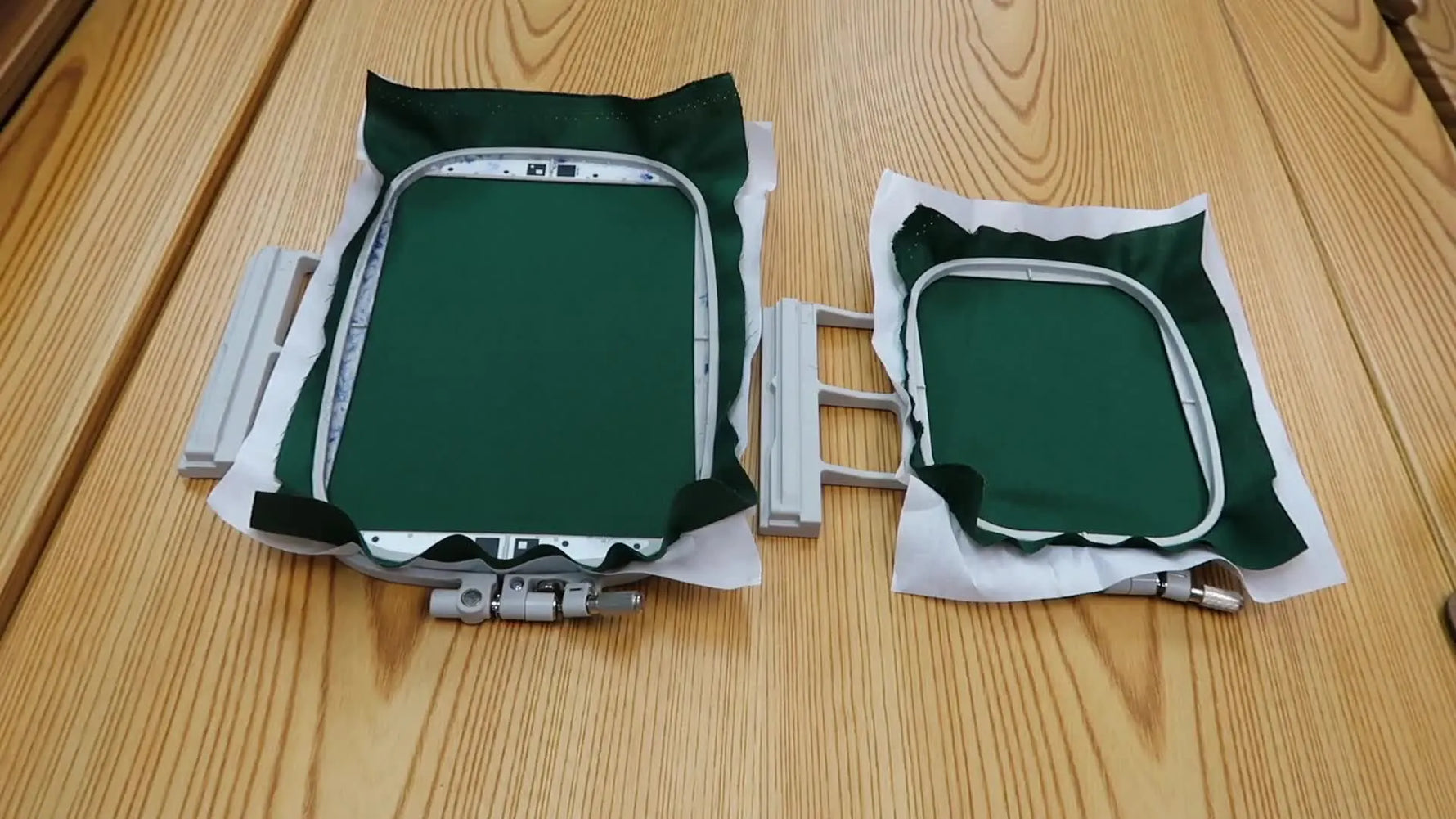 An overhead comparison of a drum-tight 5x7 hoop versus a loose, rippled 4x4 hoop shows exactly what “tight enough” looks like.
