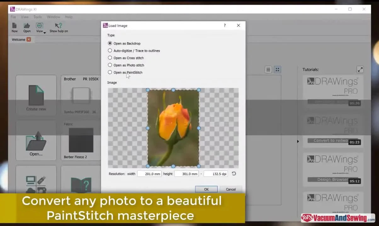 Screenshot of DRAWinGS XI software showing 'Load Image' dialog with a photo of a rosebud and 'Open as PaintStitch' selected.