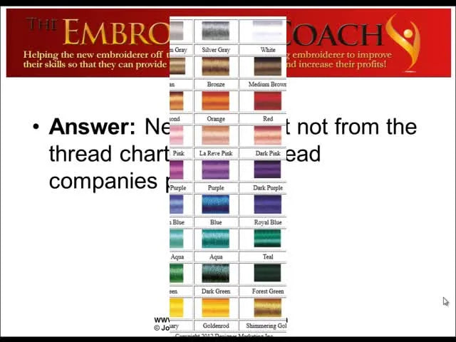 A grid-style thread color chart image that highlights why printed charts can mislead customers on real thread color.