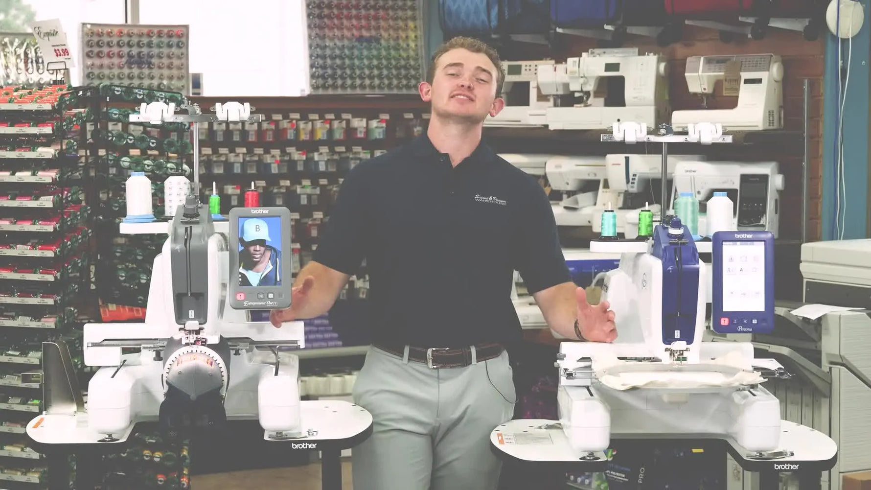A wide shot shows Quinton standing between the Brother PRS100 (Persona) and Brother PR1X, setting up a side-by-side comparison.