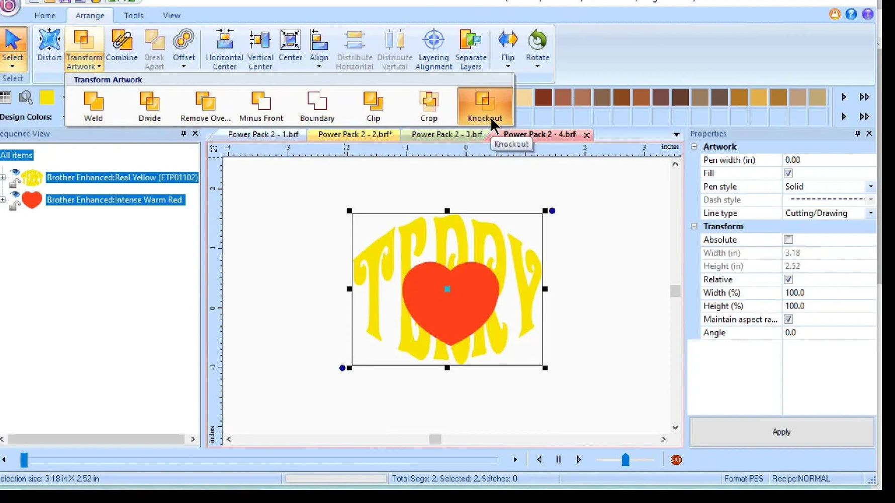 A screen capture shows a heart design with the name cut out using the Knockout tool, illustrating a clean negative-space effect.