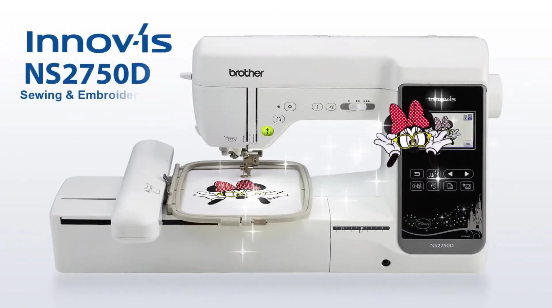 A full view of the Brother Innov-is NS2750D with a Mickey Mouse embroidery graphic on the screen, introducing the machine’s sewing-and-embroidery focus.
