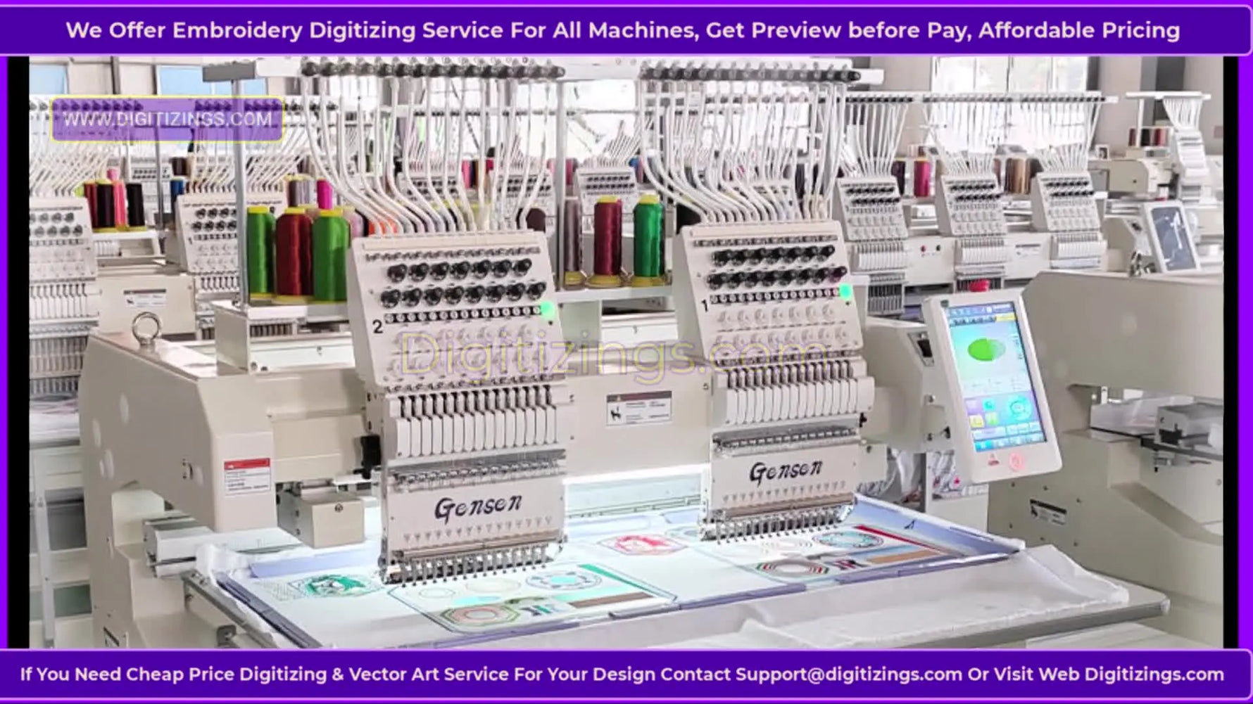 A wide view of a professional embroidery workshop running multiple heads at once, showing what scaling looks like in real production.