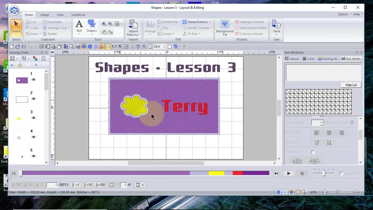 A finished PE-DESIGN 11 name tag on screen, showing a flower shape cut out of a rectangle using hole sewing.
