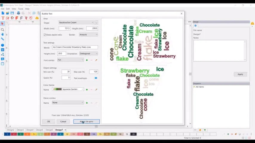 A finished Bubble Text design fills an ice-cream shape with multi-colored words, previewed as it will stitch in realistic view.