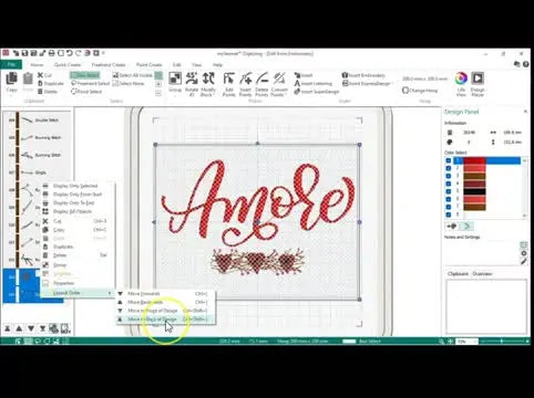 A right-click menu in the software shows Layout Order being used to move the knockdown background behind the main embroidery design.