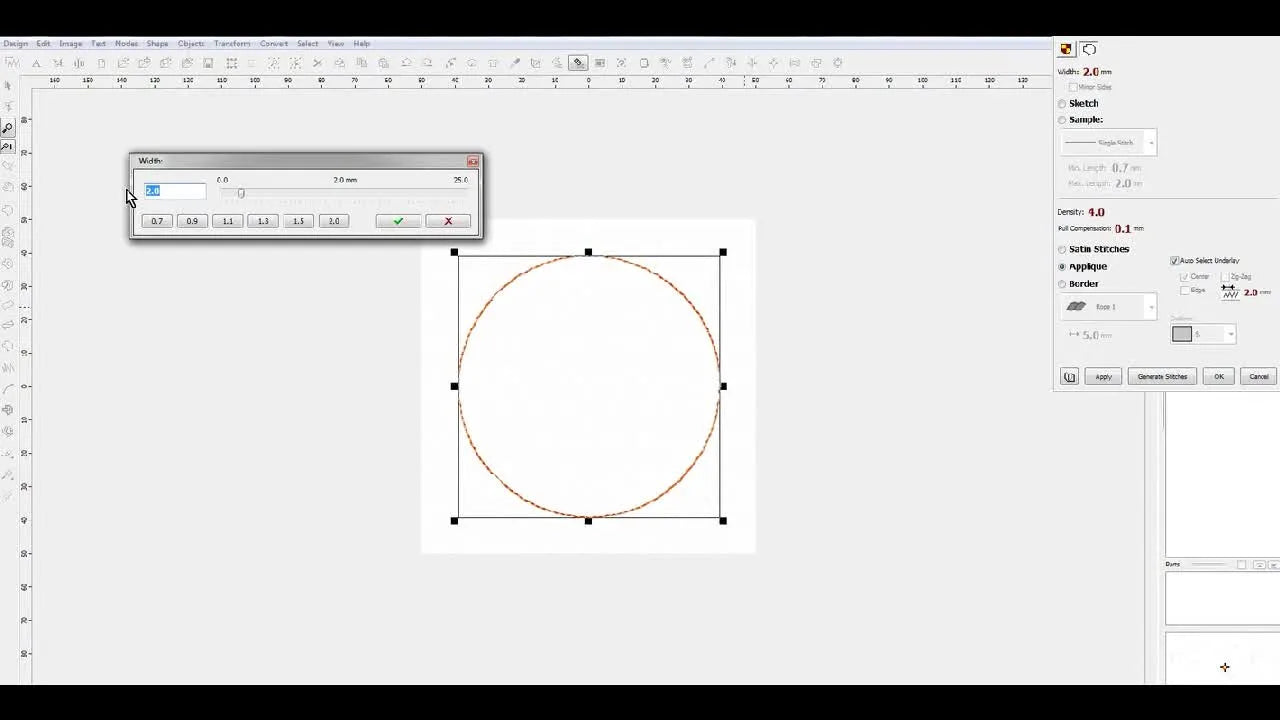 Embird Studio’s parameters window with the satin width slider set to 4.5 mm for an appliqué border.