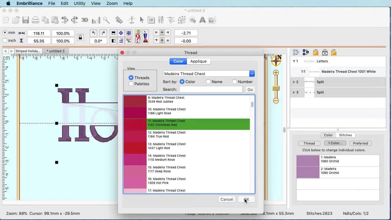 Candy-Cane Striped Letters in Embrilliance Enthusiast: Split, Re-Color, Fix Jumps, and Stitch in a Smarter Order