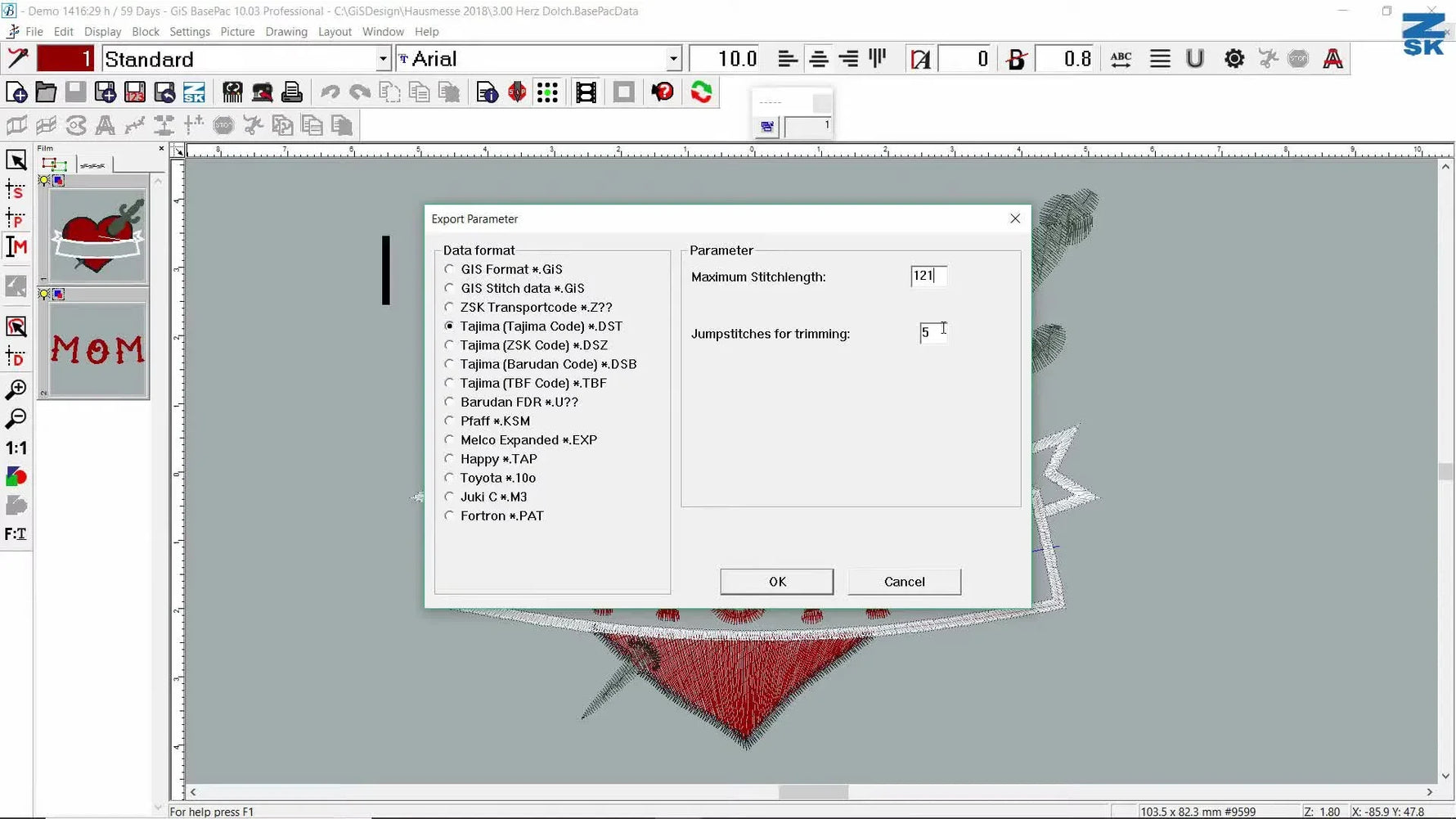 A close-up of the BasePac export parameters highlights the critical “Jump stitches for trimming = 3” setting that determines whether trims show up correctly on the machine.