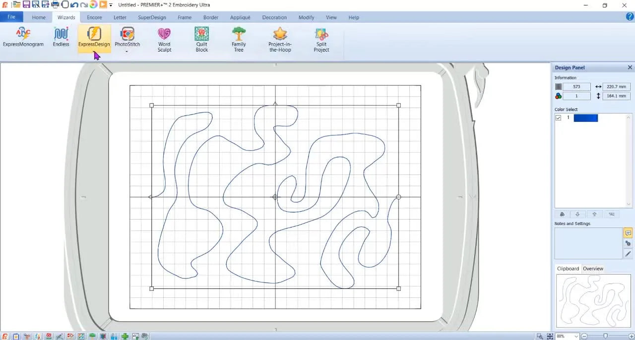 Premier+2’s Endless Wizard view showing the continuous quilting line with alignment markers added for accurate re-hooping.