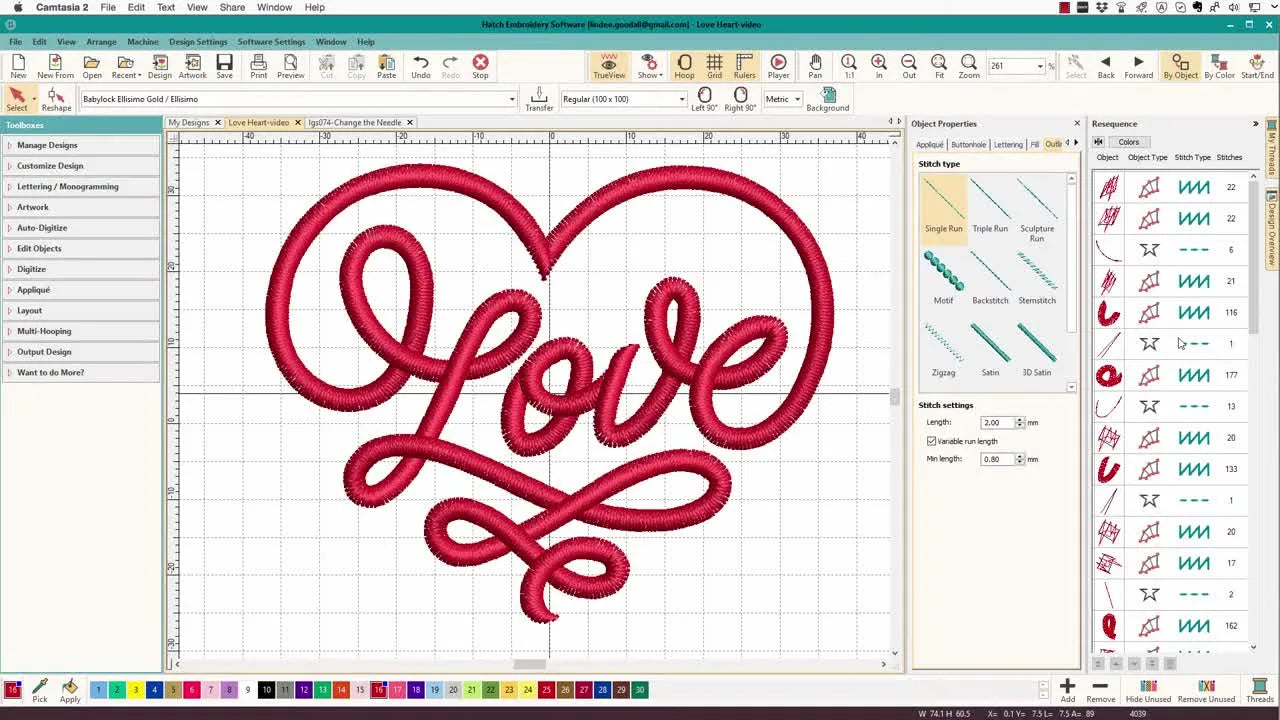 A Wilcom Hatch screen capture showing a red heart design in TrueView, setting up the resequencing workflow.