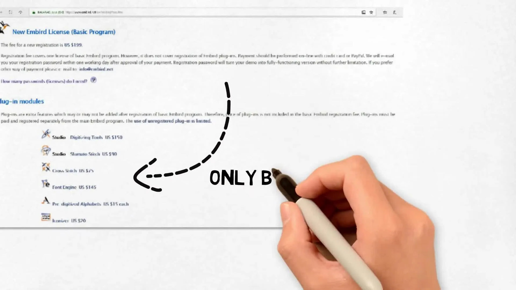 A whiteboard-style price list shows Embird’s main plug-in modules and their costs side by side for quick comparison.