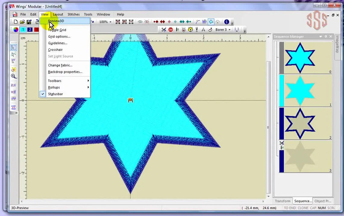 A close-up of a star design rendered in Artistic Sewing Suite’s 3D Preview mode, showing realistic thread texture and depth.