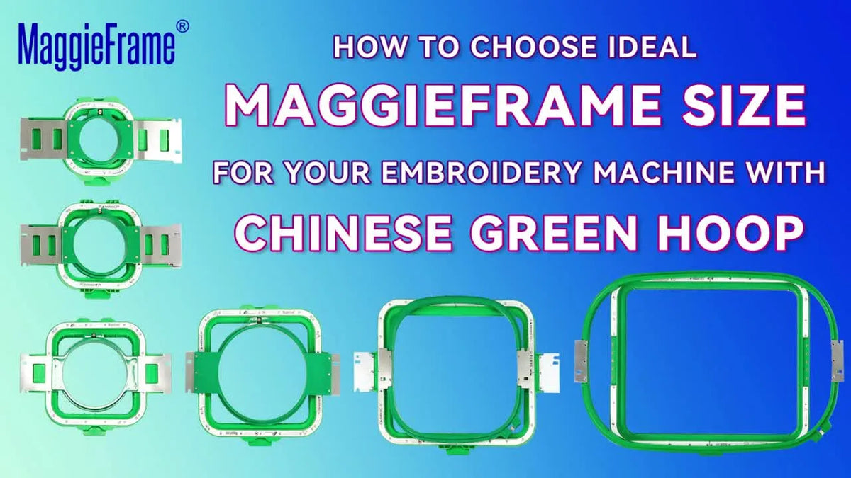 Video title slide for MaggieFrame hoop size comparison.
