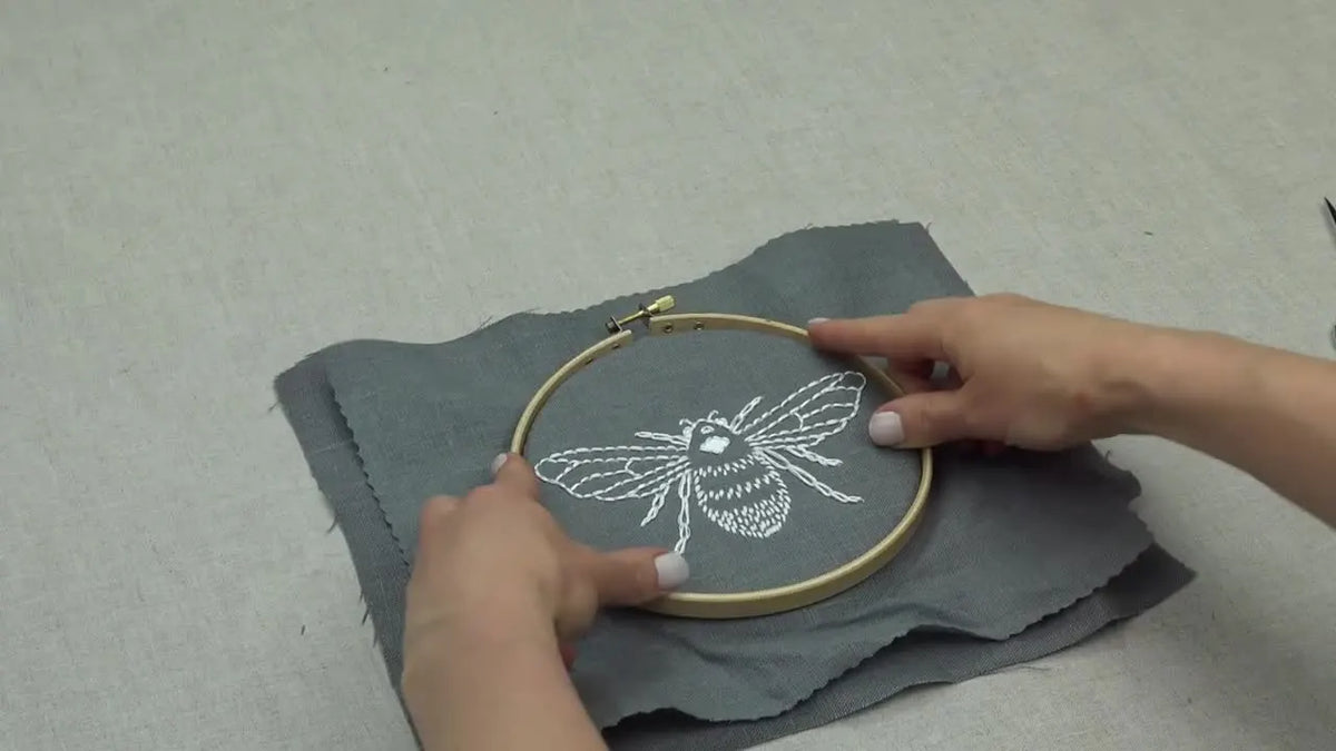 Hands pressing the outer hoop down over two layers of fabric on an inner hoop.