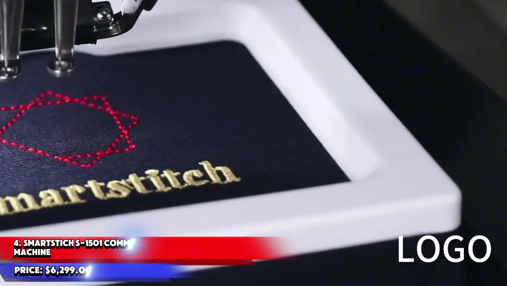 A close-up of a 15-needle commercial embroidery head stitching at speed on dark fabric, highlighting multi-needle productivity and stability.
