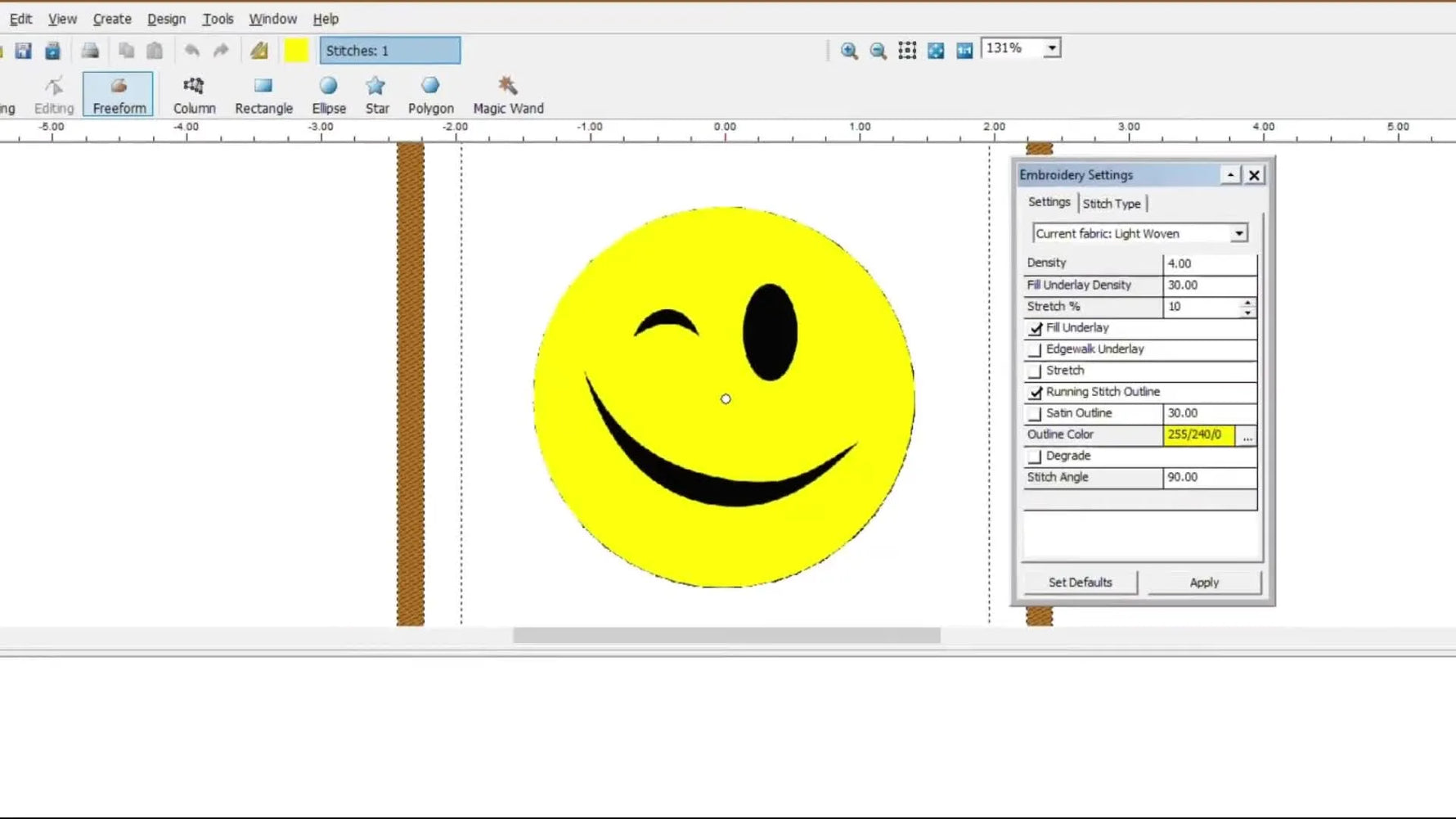 A screen capture shows the completed yellow winking smiley face filled with stitches inside PSW Deluxe after using Stitch It.