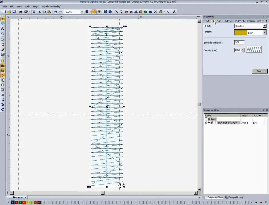 Floriani Digitizing Pro III’s Fill properties panel highlights the default density value, setting up a clear before-and-after density adjustment.