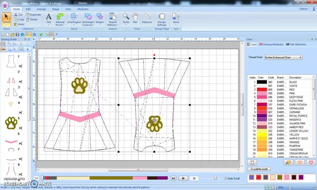 Three Cheer Elf Dress designs are tightly nested inside a 14" x 7 7/8" hoop, with the middle copy flipped to maximize usable space.