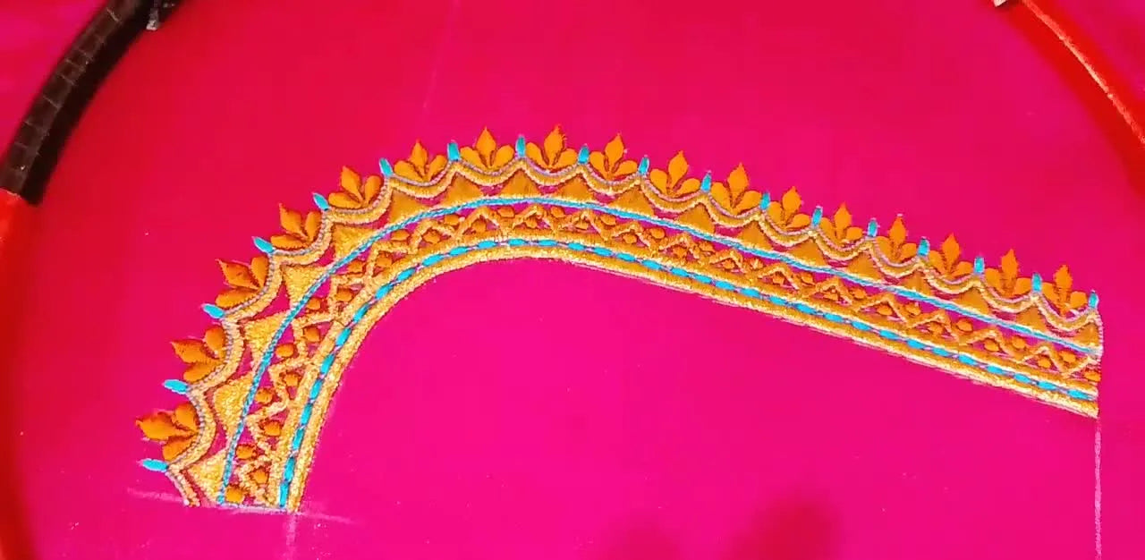 Free-motion broderi på blusehals i silke med zigzagmaskine: Ren, tæt guldkant med farveaccenter