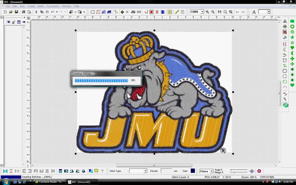 A rendered preview of the fully digitized JMU bulldog logo inside IDS, showing the design ready for stitch-out review.