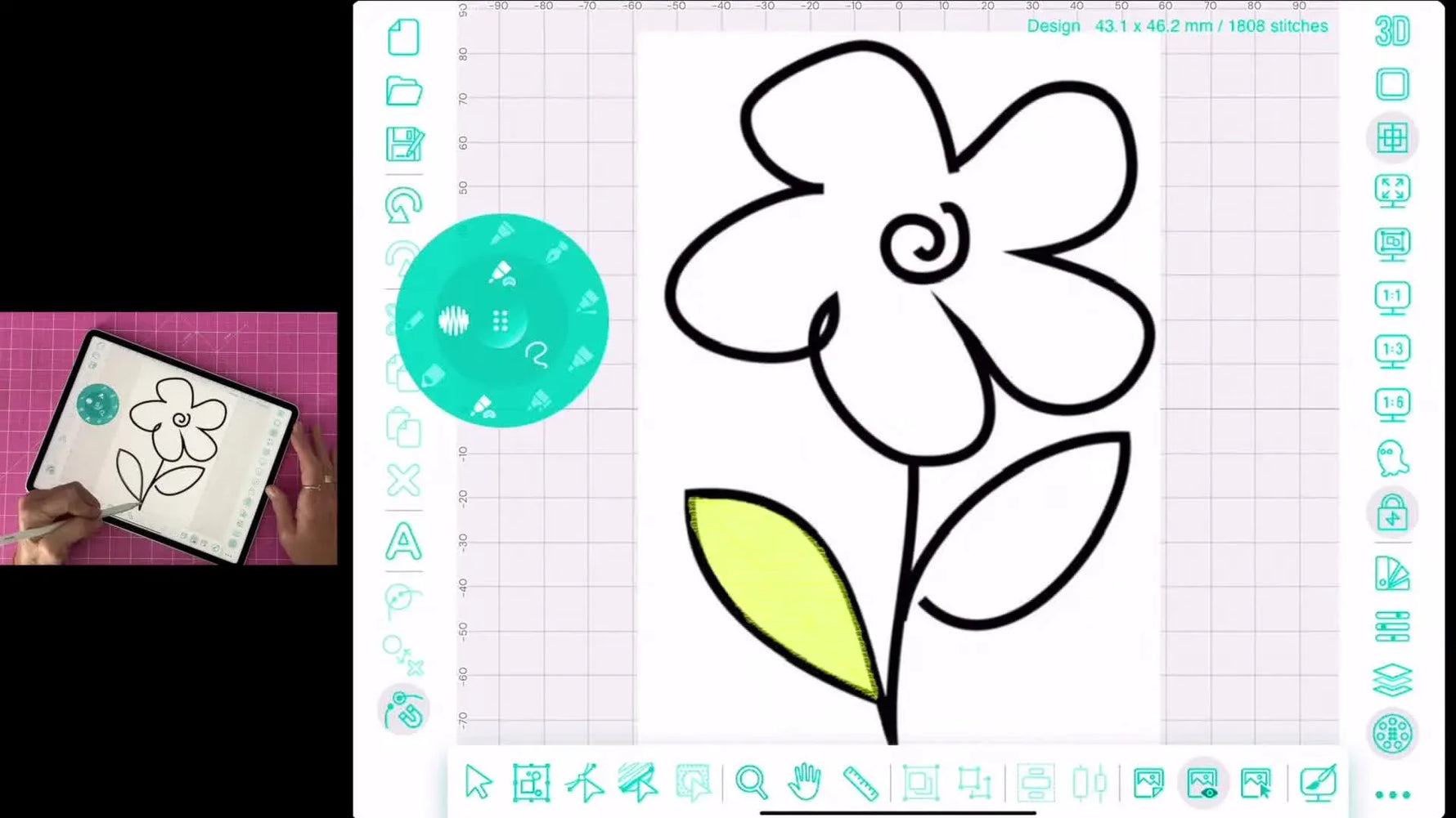 A completed green leaf fill stitched over a flower line drawing inside the Design Doodler iPad interface.