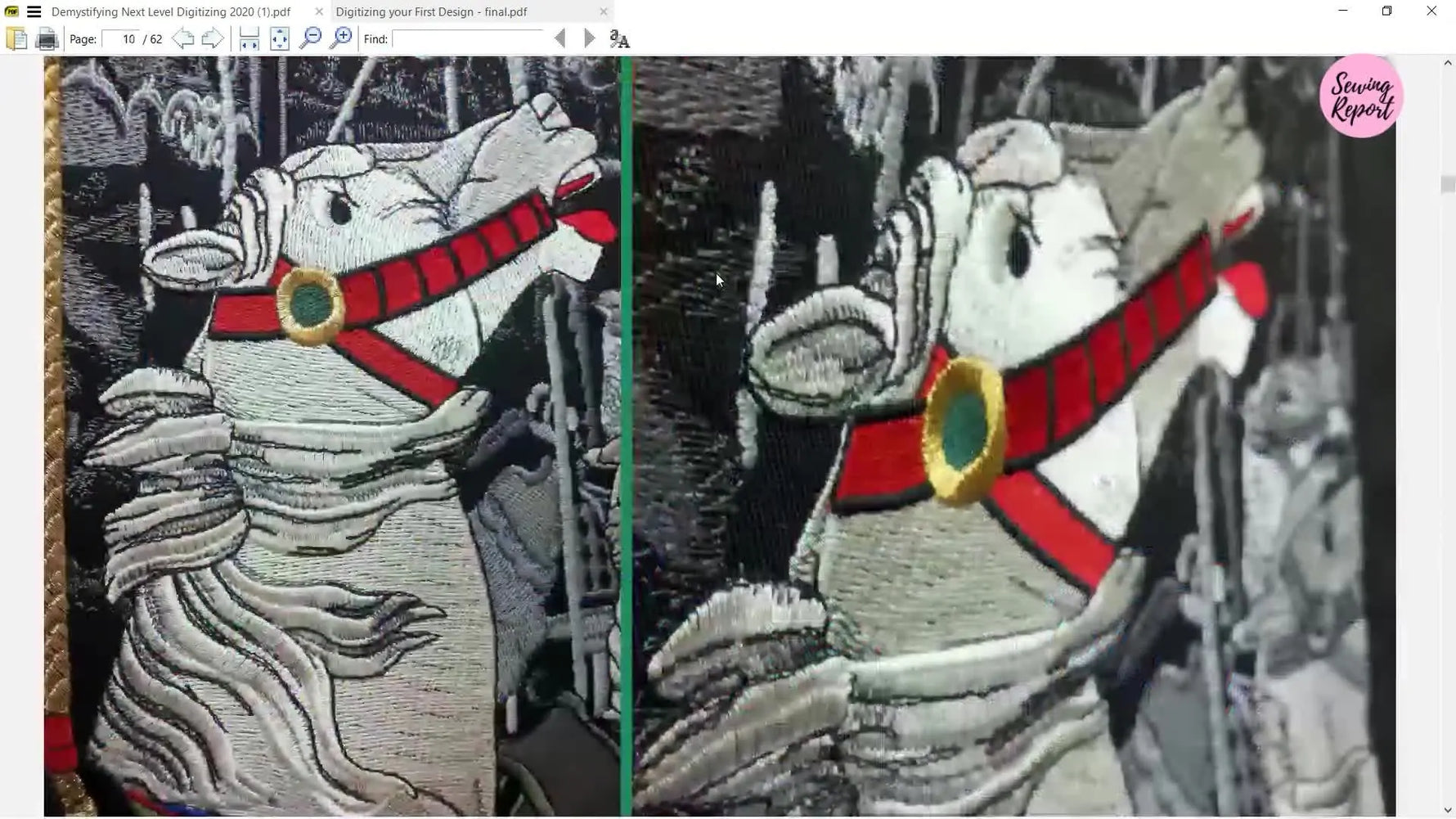 An extreme close-up embroidery preview of a carousel horse face showing multiple stitch blocks and angles that create realistic light and texture.