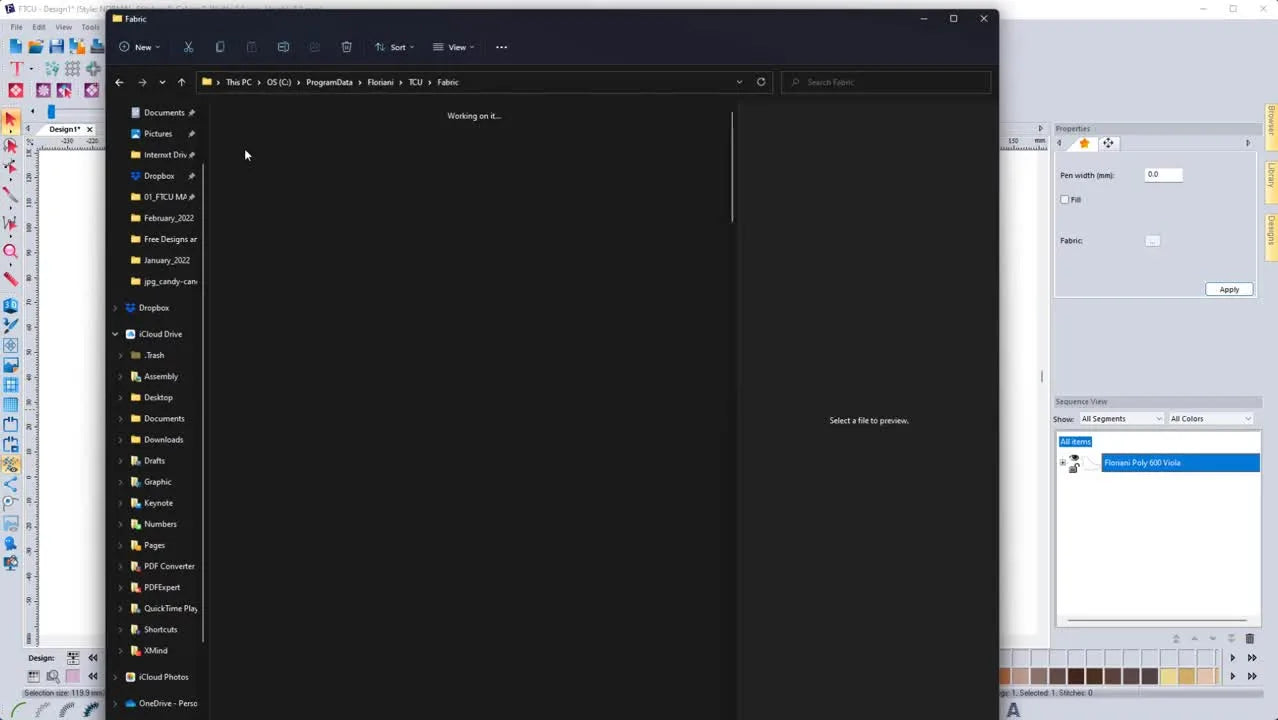 A split-screen view shows the Downloads folder beside the hidden Floriani TCU Fabrics directory, ready for drag-and-drop bulk importing.