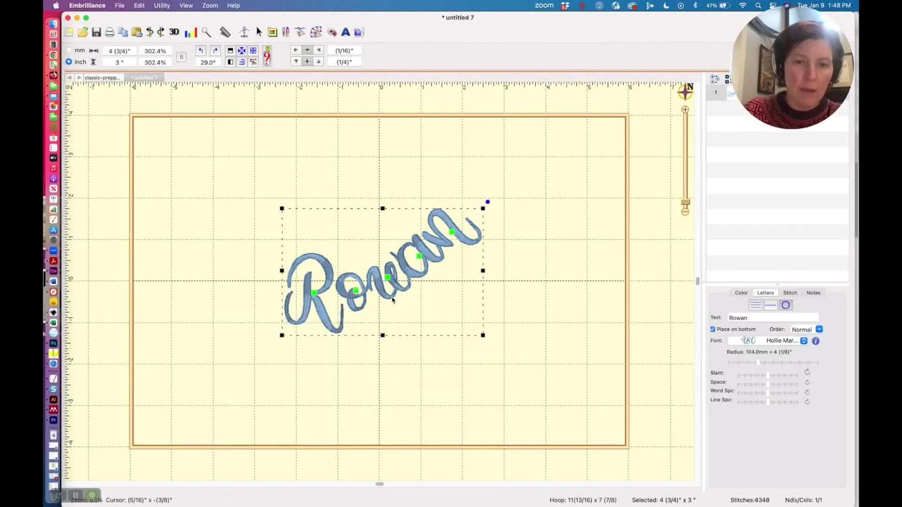The finalized 'Rowan' text design, curved, rotated, and with the first letter enlarged.