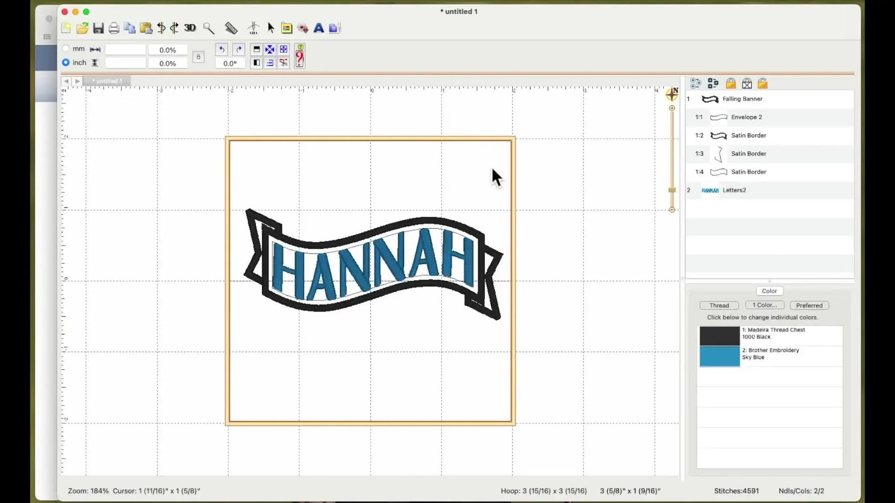 A screen capture showing the instant moment Embrilliance Essentials warps the name “HANNAH” to perfectly fit inside the Falling Banner envelope shape.