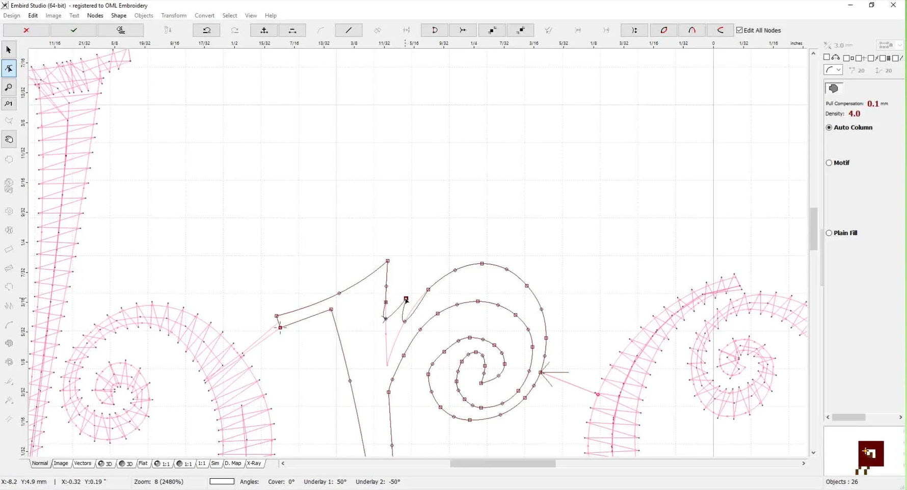 Close-up screen capture of Embird node editing where a letter stroke is widened by dragging a node to eliminate tiny stitches.