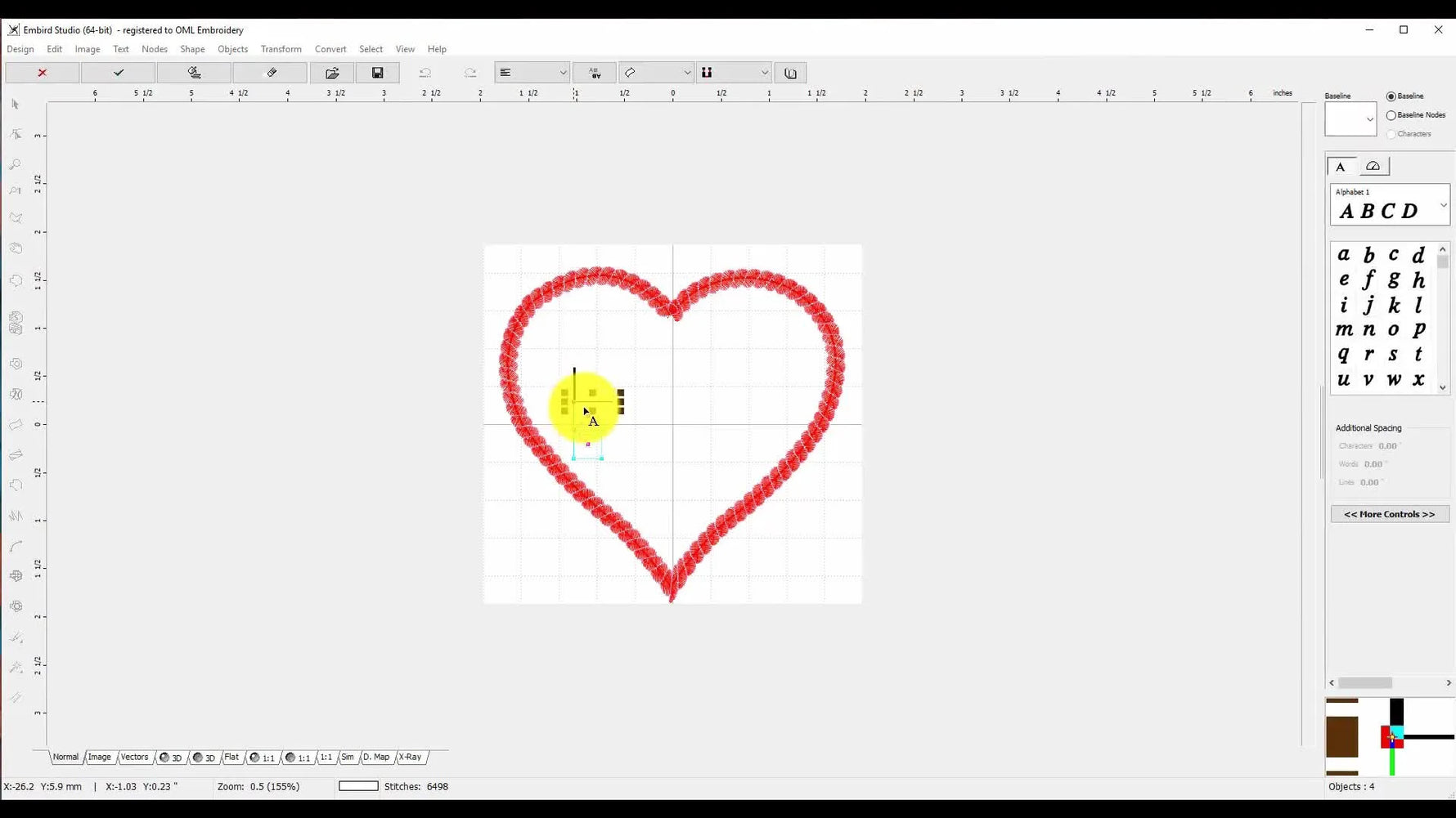 A completed heart patch design in Embird with a two-tone rope border and the centered text “Be Mine.”